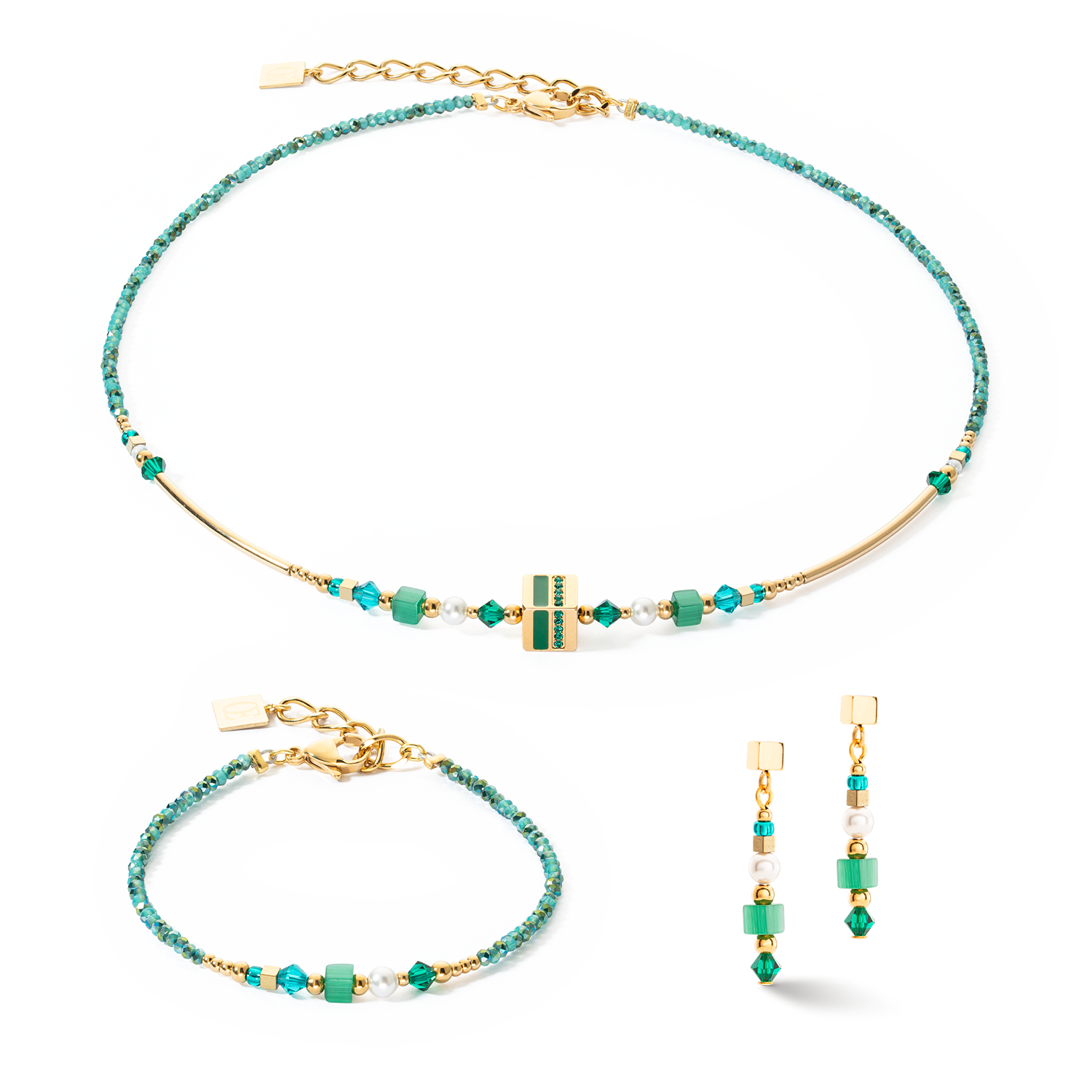 Boucles d'oreilles Square Stripes or-vert