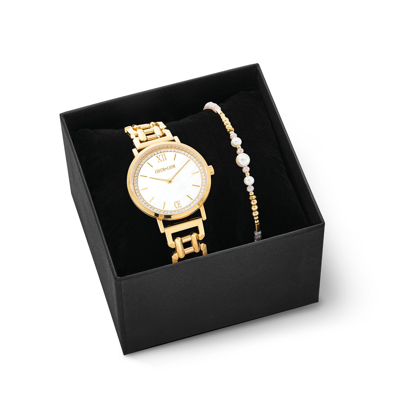 Coffret Cadeau Montre Ronde Sparkling Nacre & Bracelet Drops OR