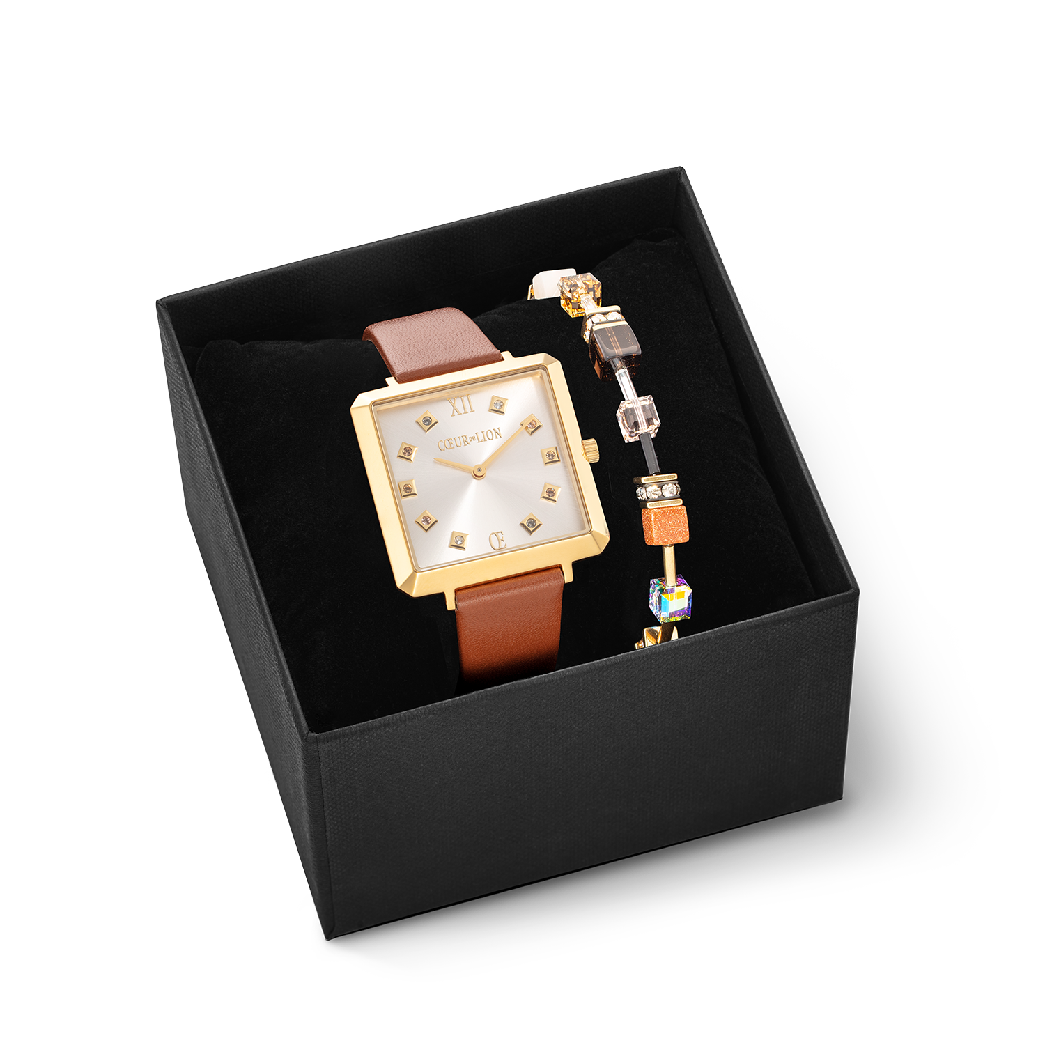 Coffret Cadeau Montre Iconic Square Or Classy Brun & Bracelet GeoCUBE® Iconic Precious Brun