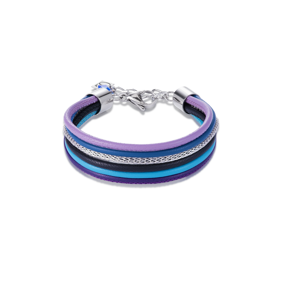 Bracelet à plusieurs rangs cuir nappa & maille bleu-mauve