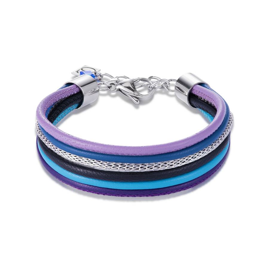 Bracelet à plusieurs rangs cuir nappa & maille bleu-mauve