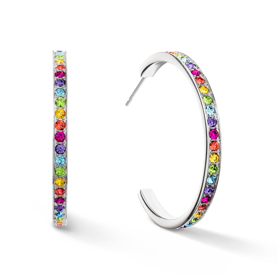Boucles d'oreille créole 35 acier & cristaux argent multicolore