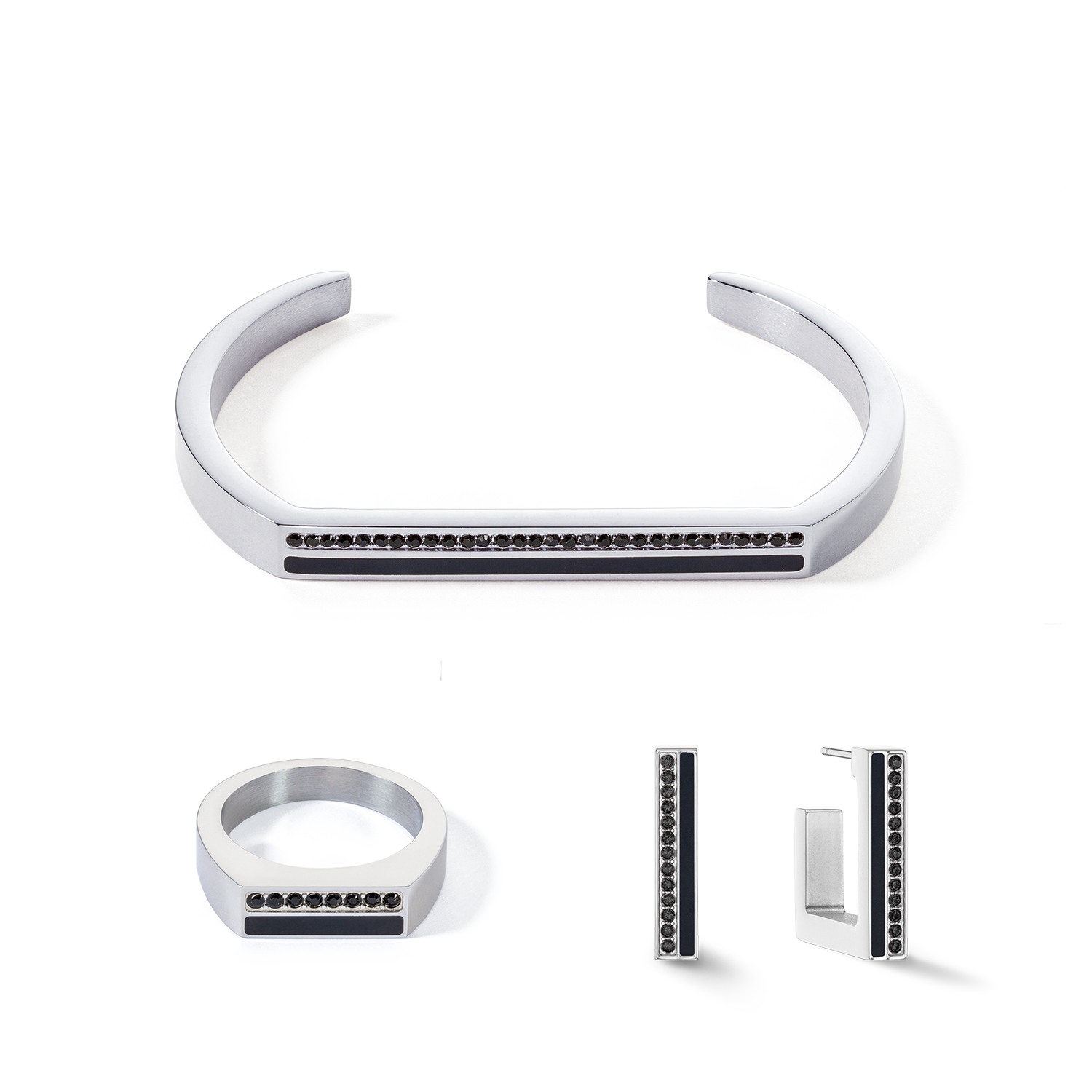 Boucles d'oreilles Créole Square Stripes 20 argent-noir