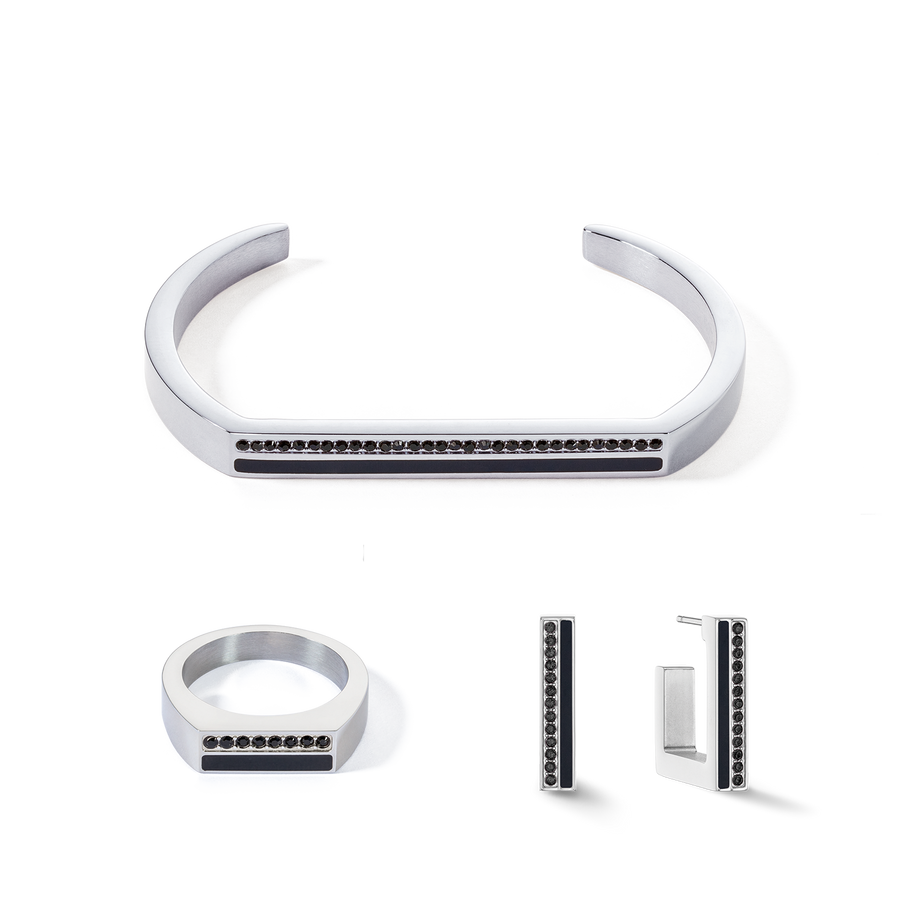 Boucles d'oreilles Créole Square Stripes 20 argent-noir
