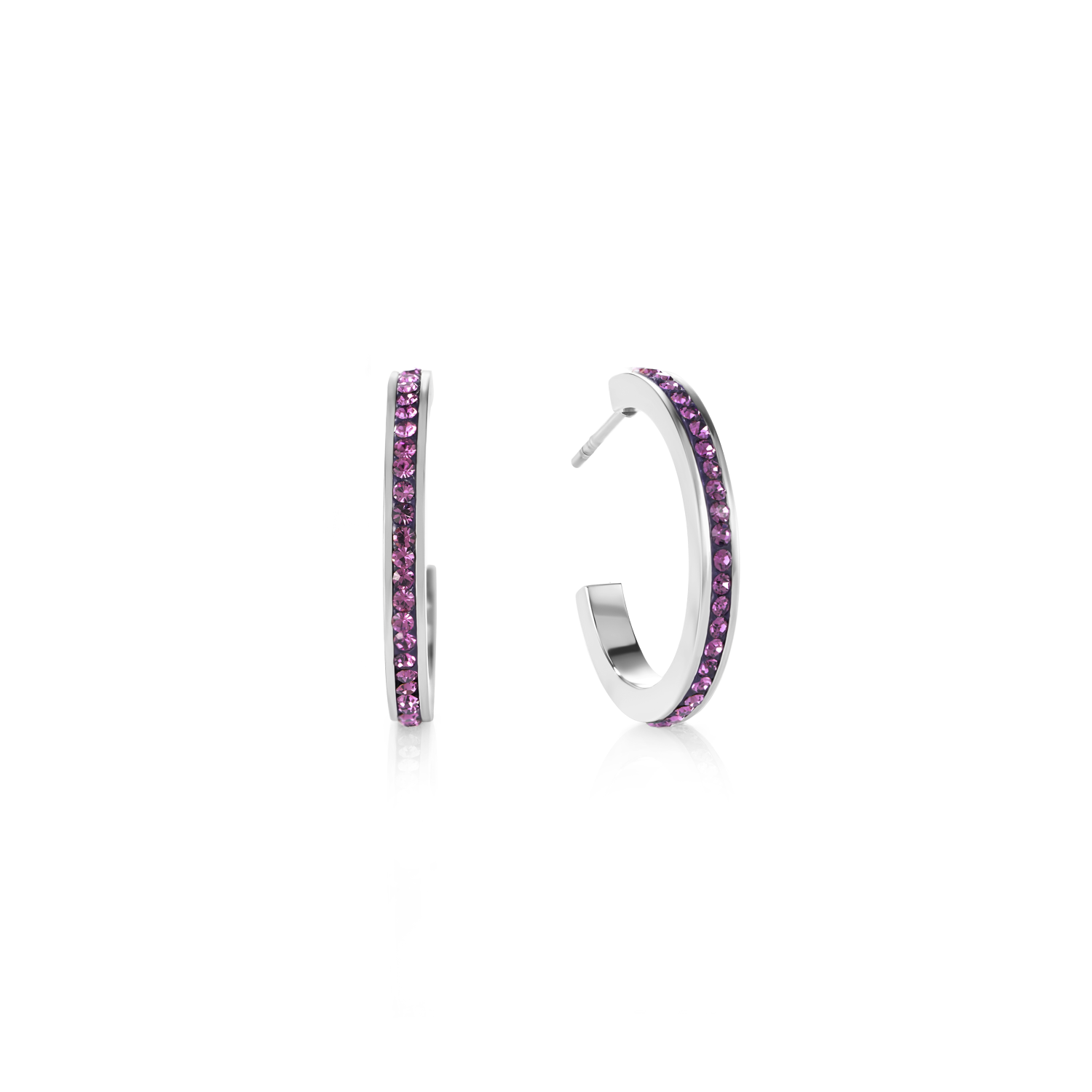 Boucles d'oreille créole 20 acier argent & Pavé de Cristaux améthyste