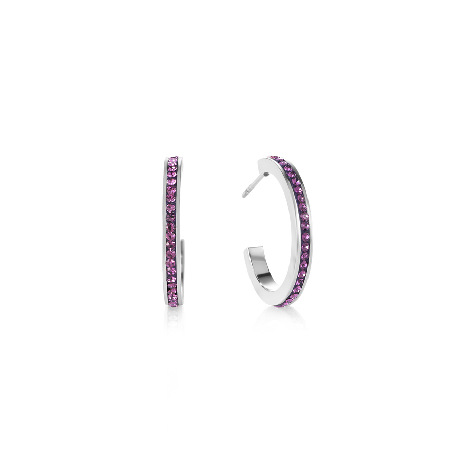 Boucles d'oreille créole 20 acier argent & Pavé de Cristaux améthyste