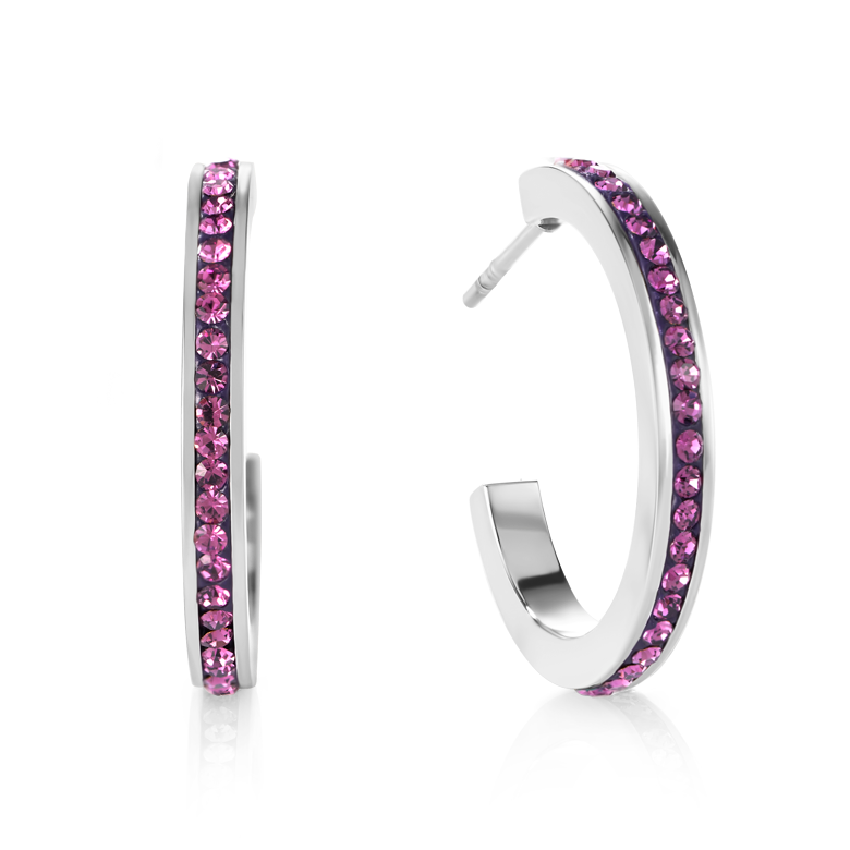 Boucles d'oreille créole 20 acier argent & Pavé de Cristaux améthyste