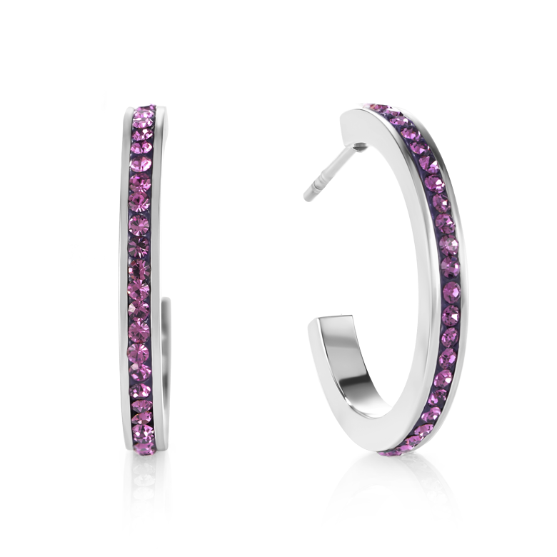 Boucles d'oreille créole 20 acier argent & Pavé de Cristaux améthyste