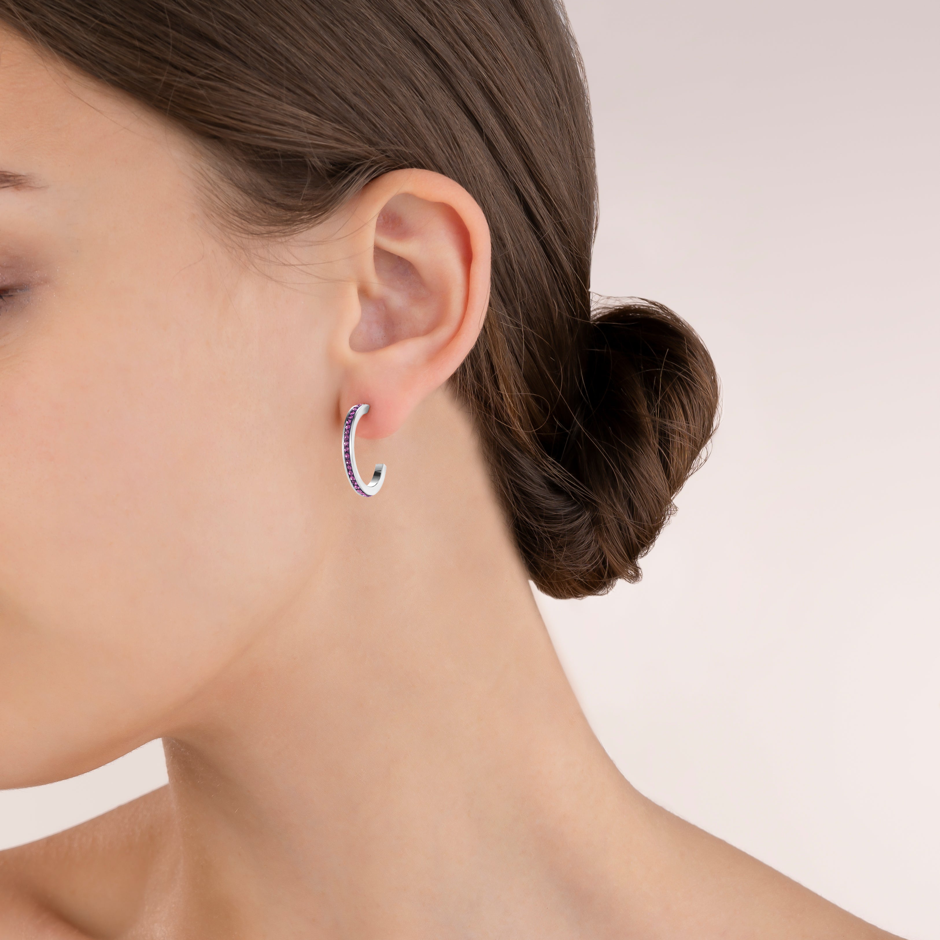 Boucles d'oreille créole 20 acier argent & Pavé de Cristaux améthyste