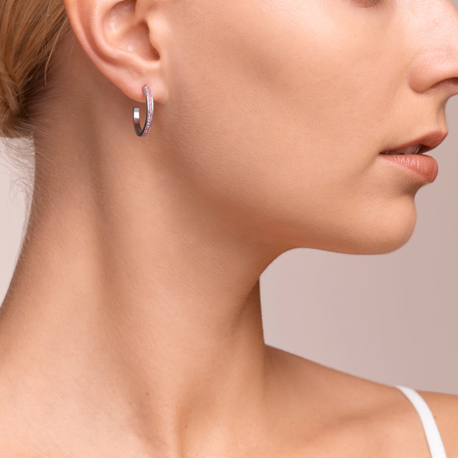 Boucles d'oreille créole 20 acier or rose & Pavé de Cristaux rosé