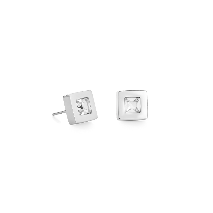 Boucles d'oreille carré acier argent & cristal