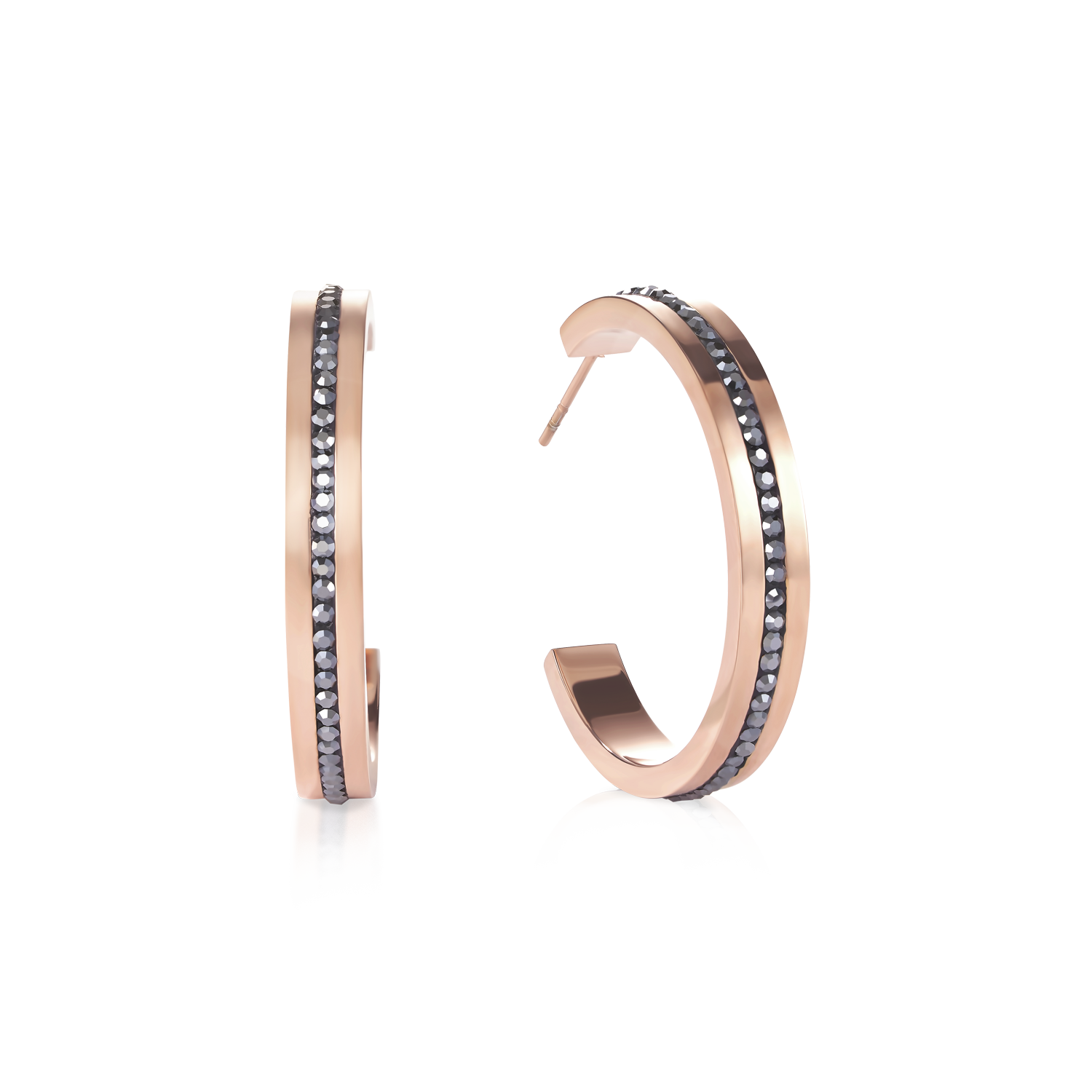 Boucles d'oreille créole 30 acier or rose & bande Pavé de Cristaux anthracite