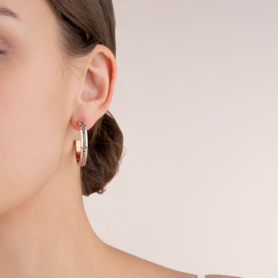 Boucles d'oreille créole 30 acier or rose & bande Pavé de Cristaux anthracite