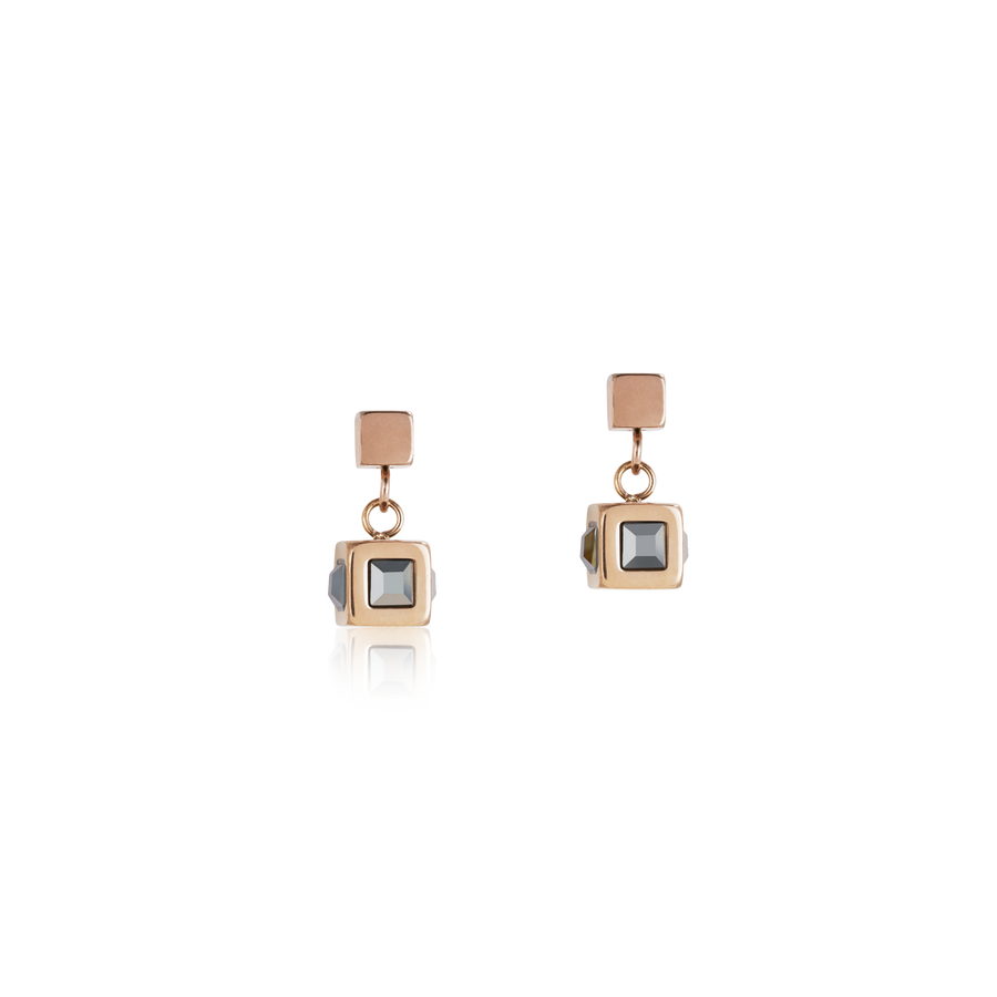 Boucles d'oreille cube acier or rose & cristal anthracite