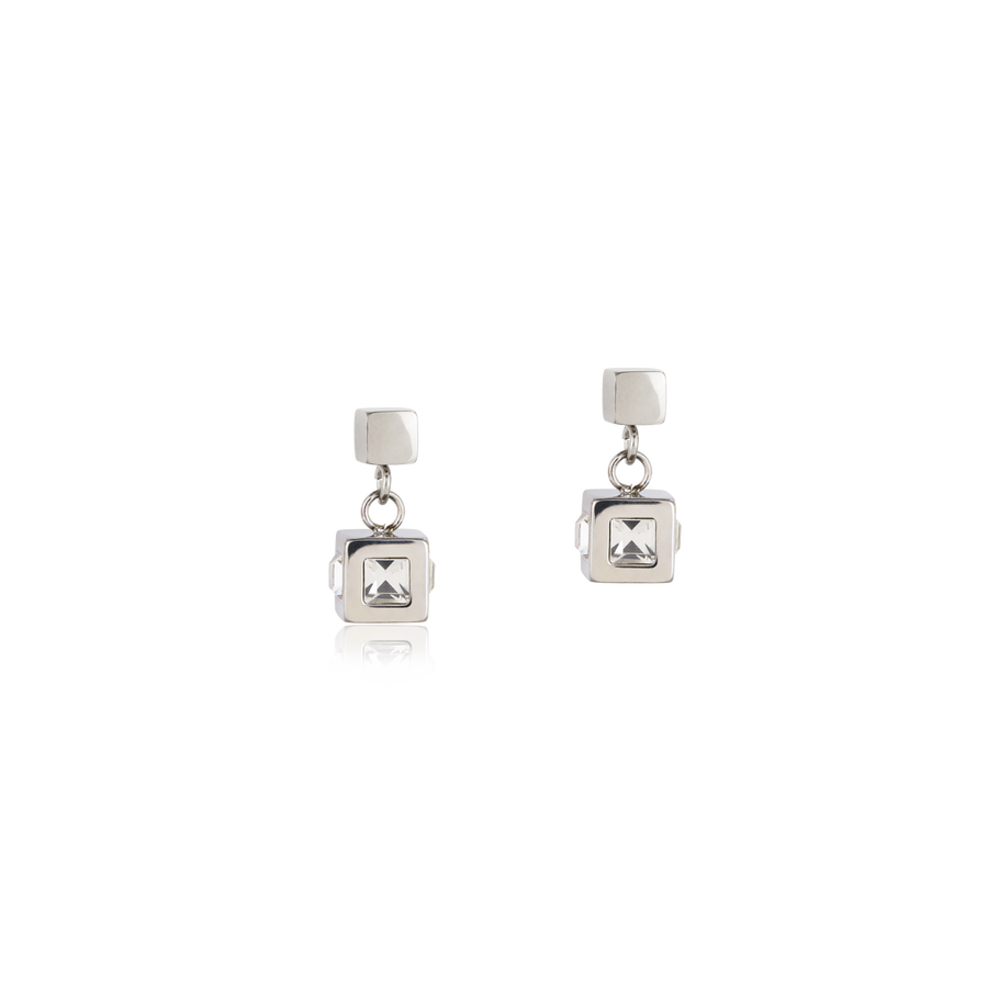 Boucles d'oreille cube acier argent & cristal