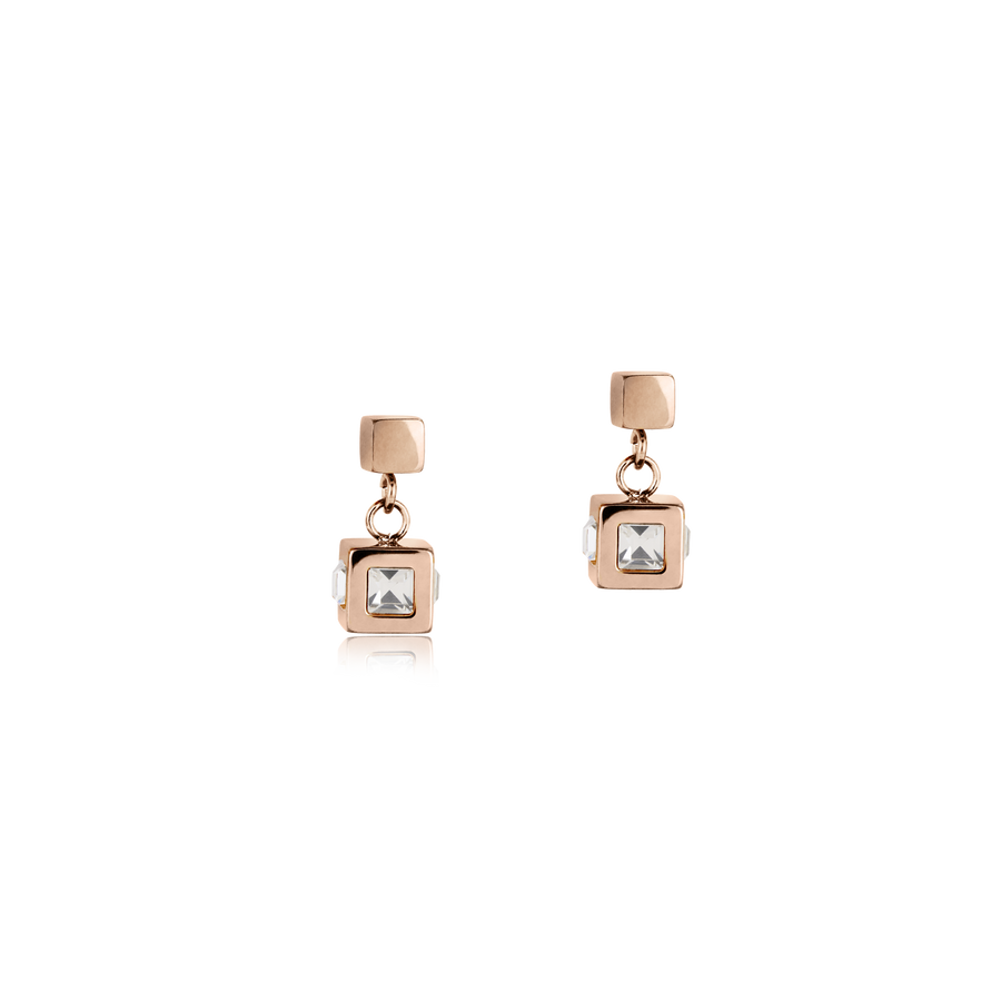 Boucles d'oreille cube acier or rose & cristal