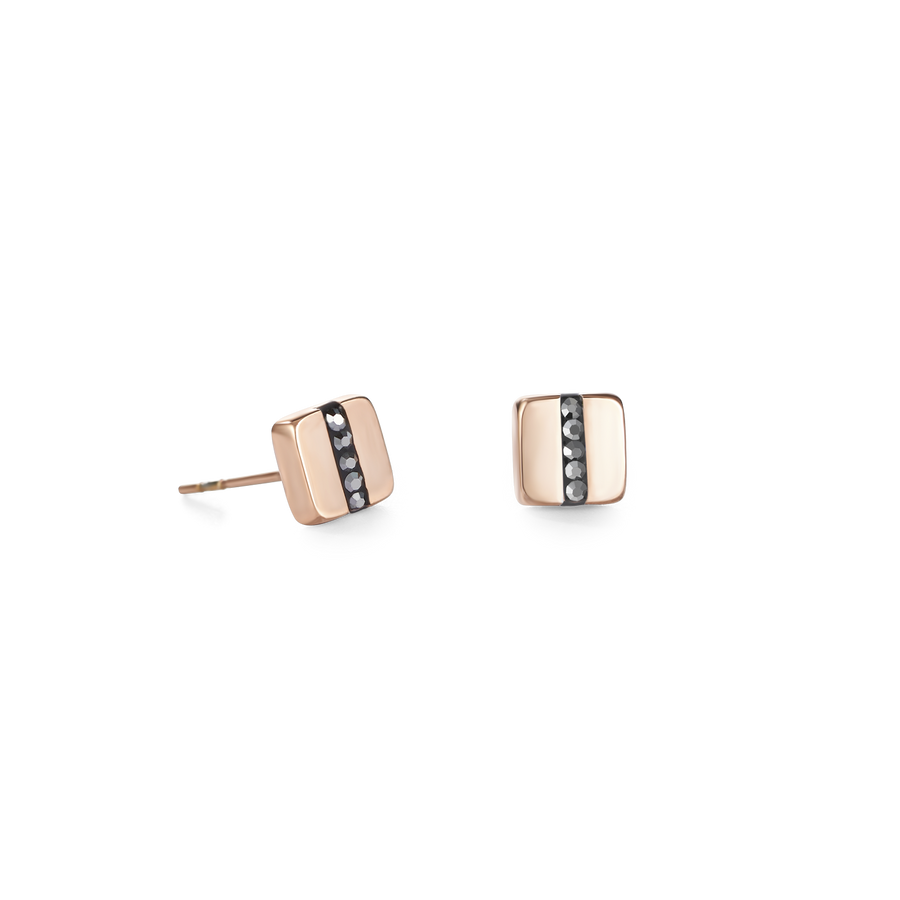 Boucles d'oreille Acier carrée or rose & bande Pavé de Cristaux anthracite