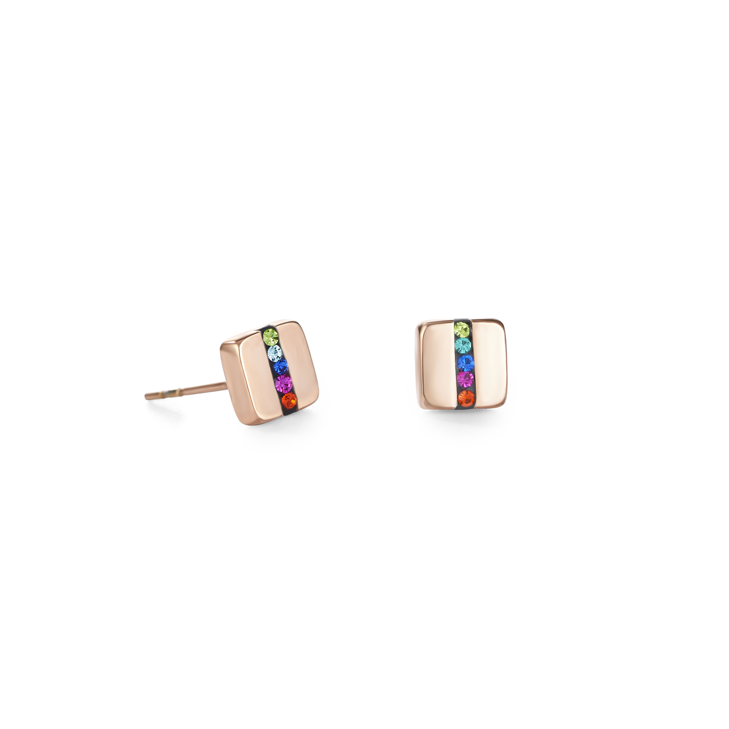 Boucles d'oreille Acier carrée or rose & bande Pavé de Cristaux multicolore