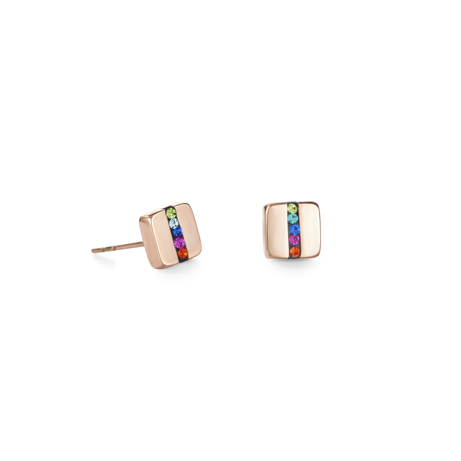 Boucles d'oreille Acier carrée or rose & bande Pavé de Cristaux multicolore