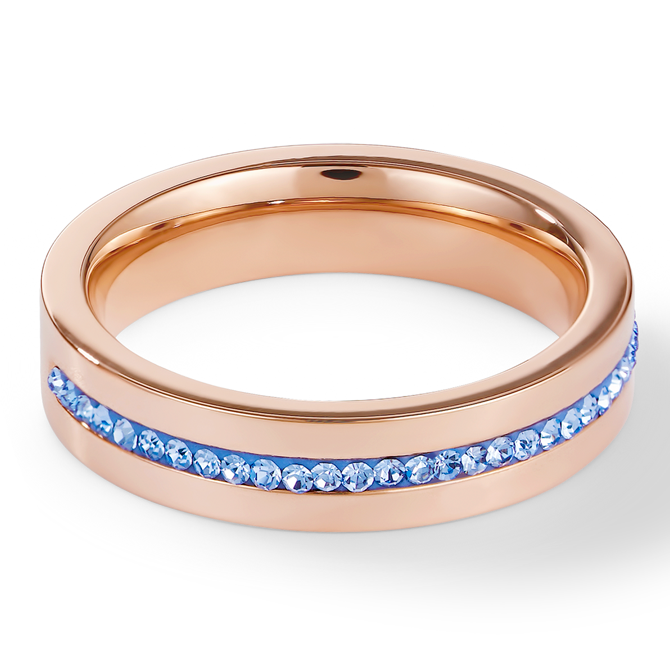 Bague Acier or rose & bande Pavé de Cristaux bleu clair