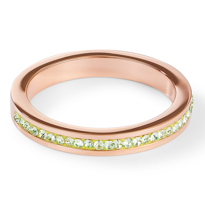 Bague étroit acier or rose & Pavé de Cristaux vert clair