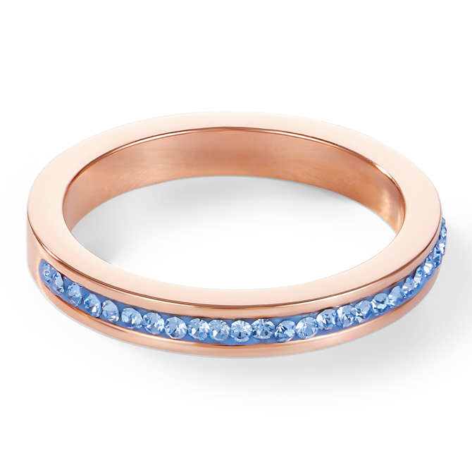 Bague étroit acier or rose & Pavé de Cristaux bleu clair