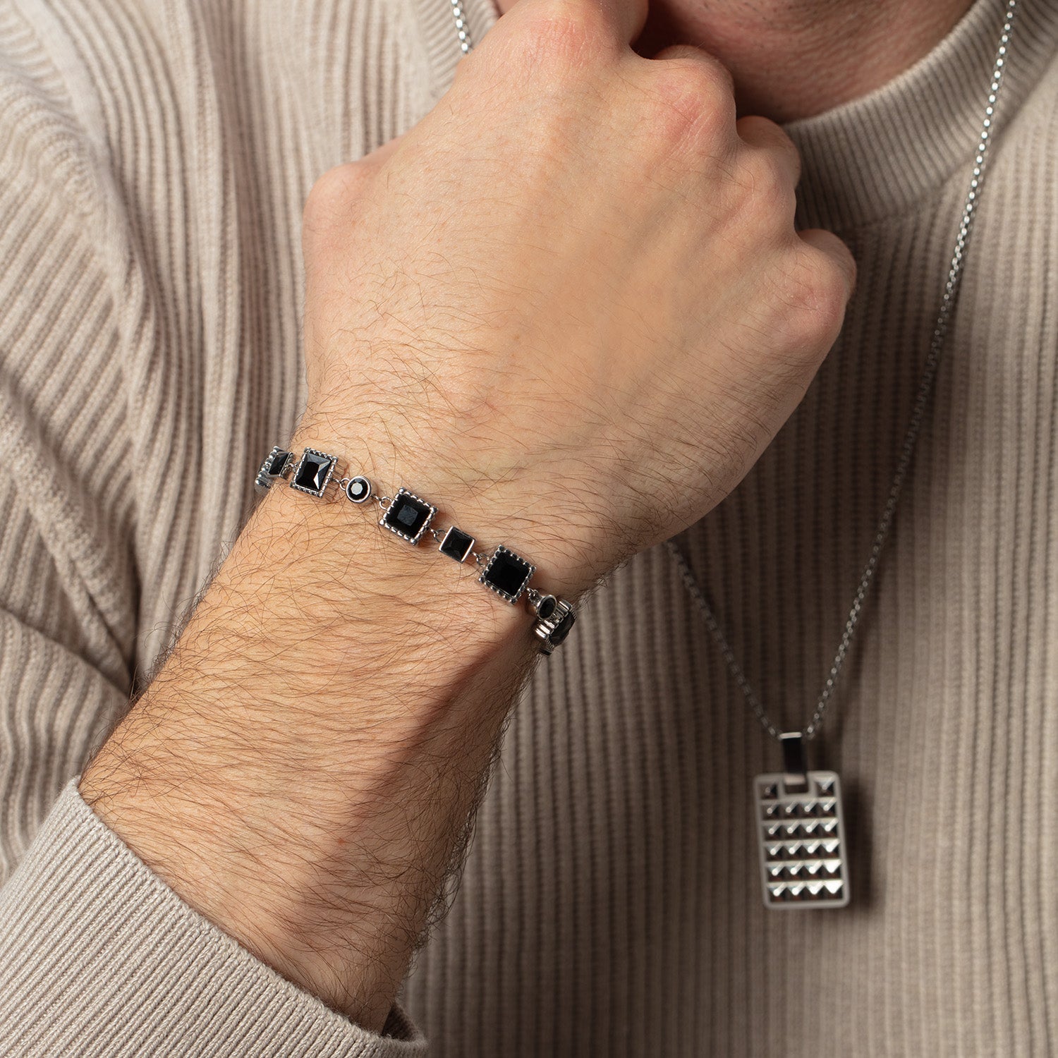 Bracelet Geometry en spinelle et acier inoxydable argenté-noir