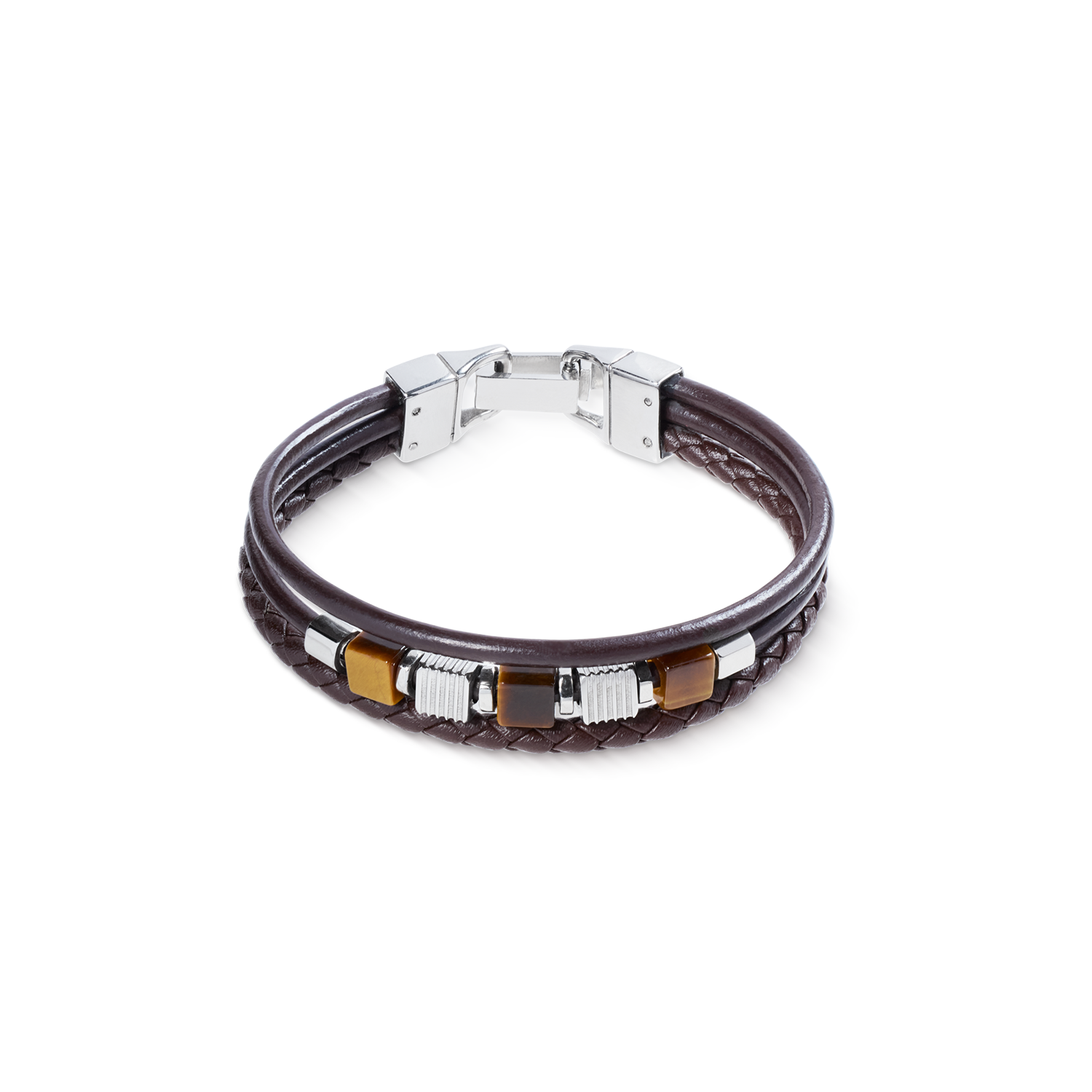 Bracelet en cuir brun 3 rangs avec cubes en œil-de-tigre et cubes Graphic Relief en acier inoxydable