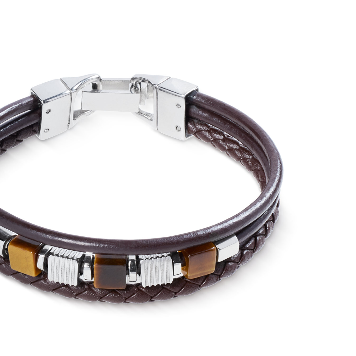 Bracelet en cuir brun 3 rangs avec cubes en œil-de-tigre et cubes Graphic Relief en acier inoxydable
