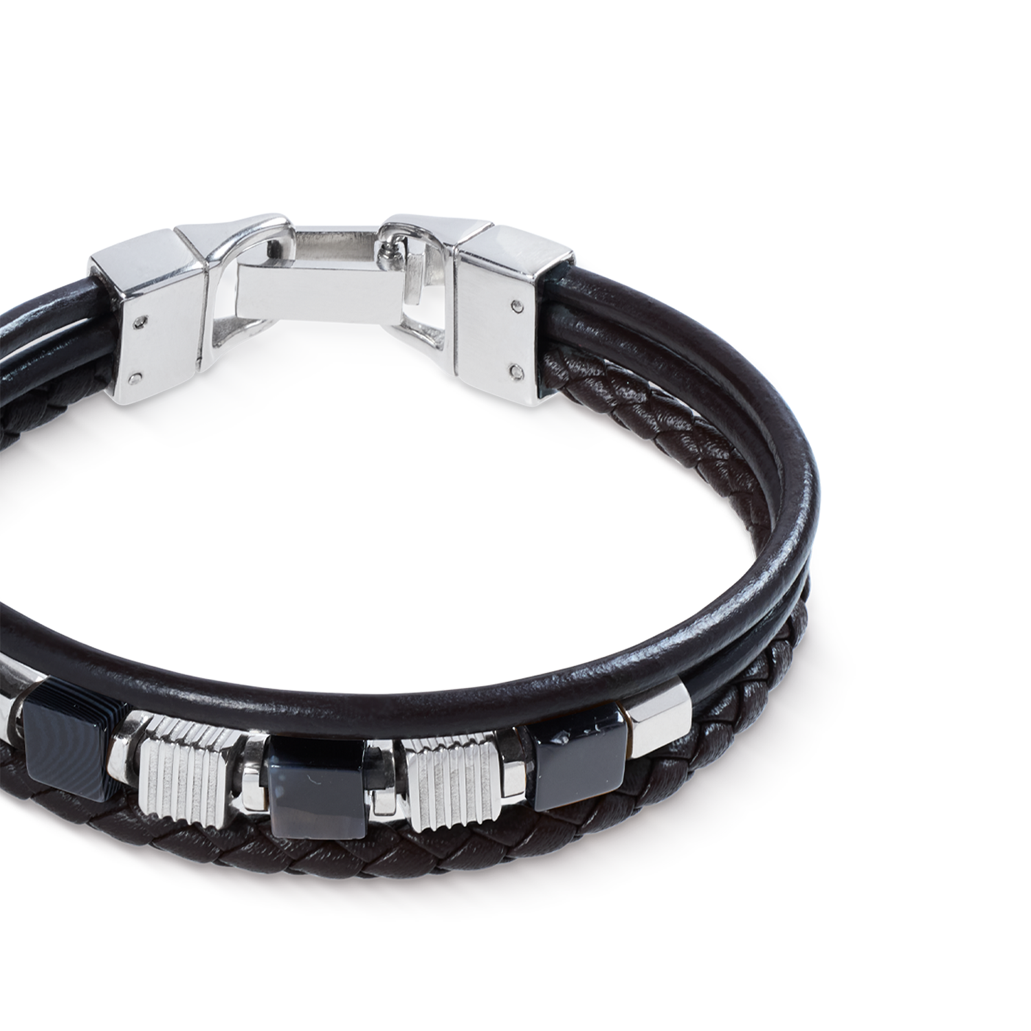 Bracelet en cuir noir 3 rangs avec cubes en onyx rayé et cubes Graphic Relief en acier inoxydable