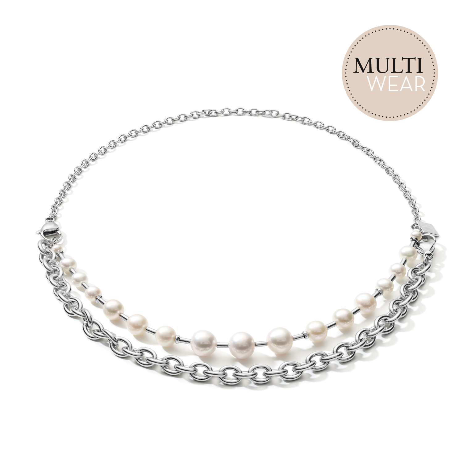 Collier Perles d'eau douce & chunky chain 4-in-1 blanc-argenté