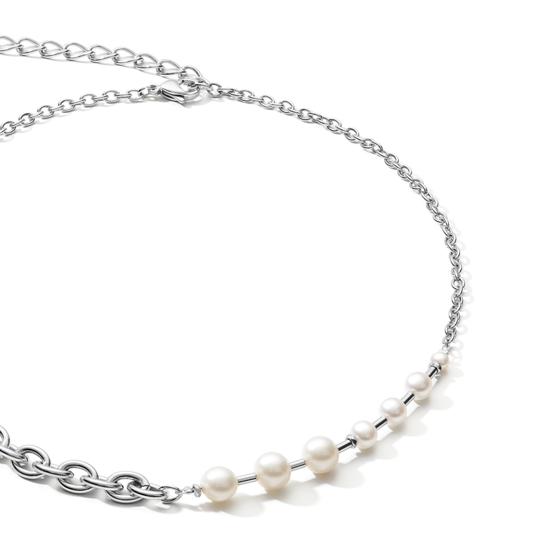 Collier Perles d'eau douce & chunky chain 4-in-1 blanc-argenté