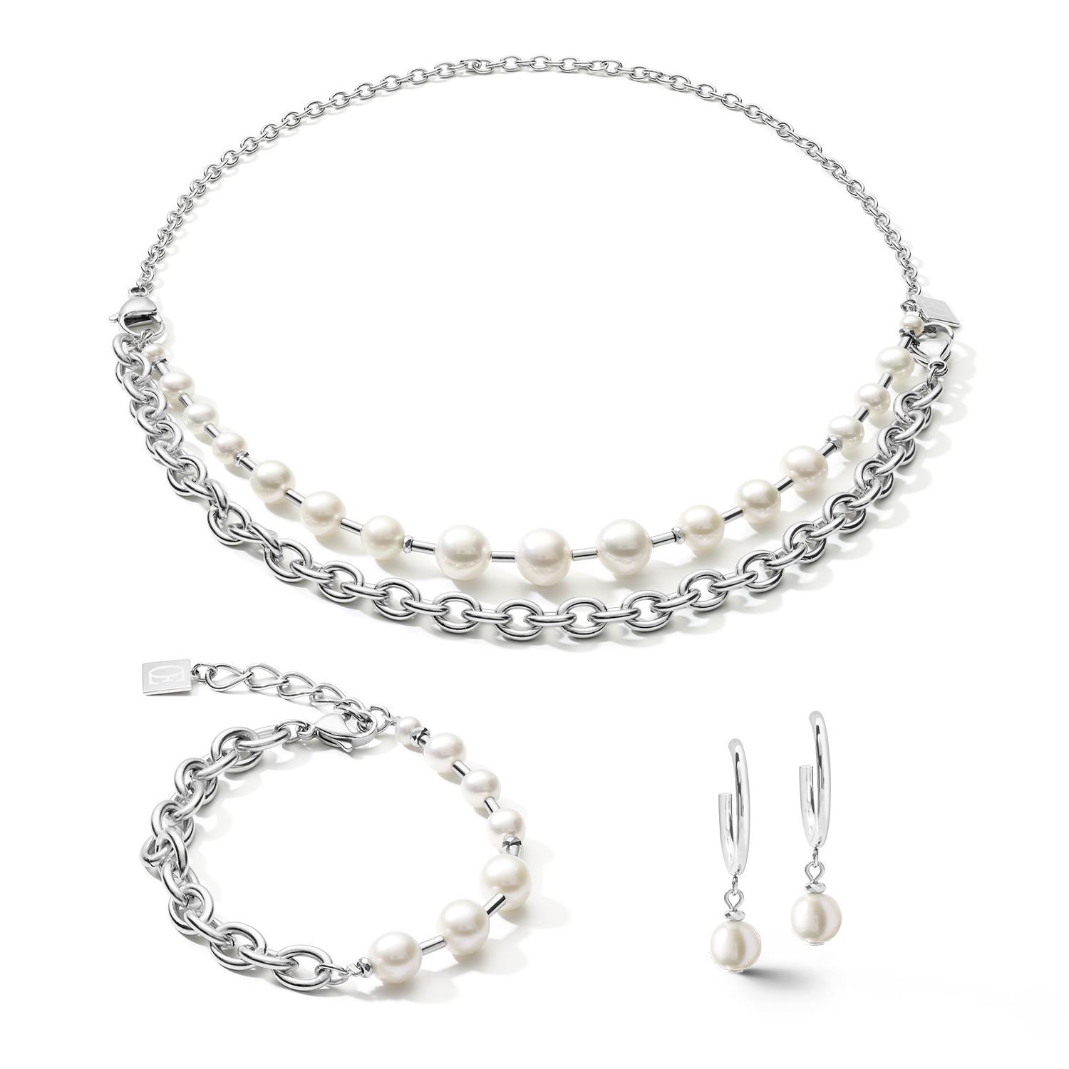 Collier Perles d'eau douce & chunky chain 4-in-1 blanc-argenté