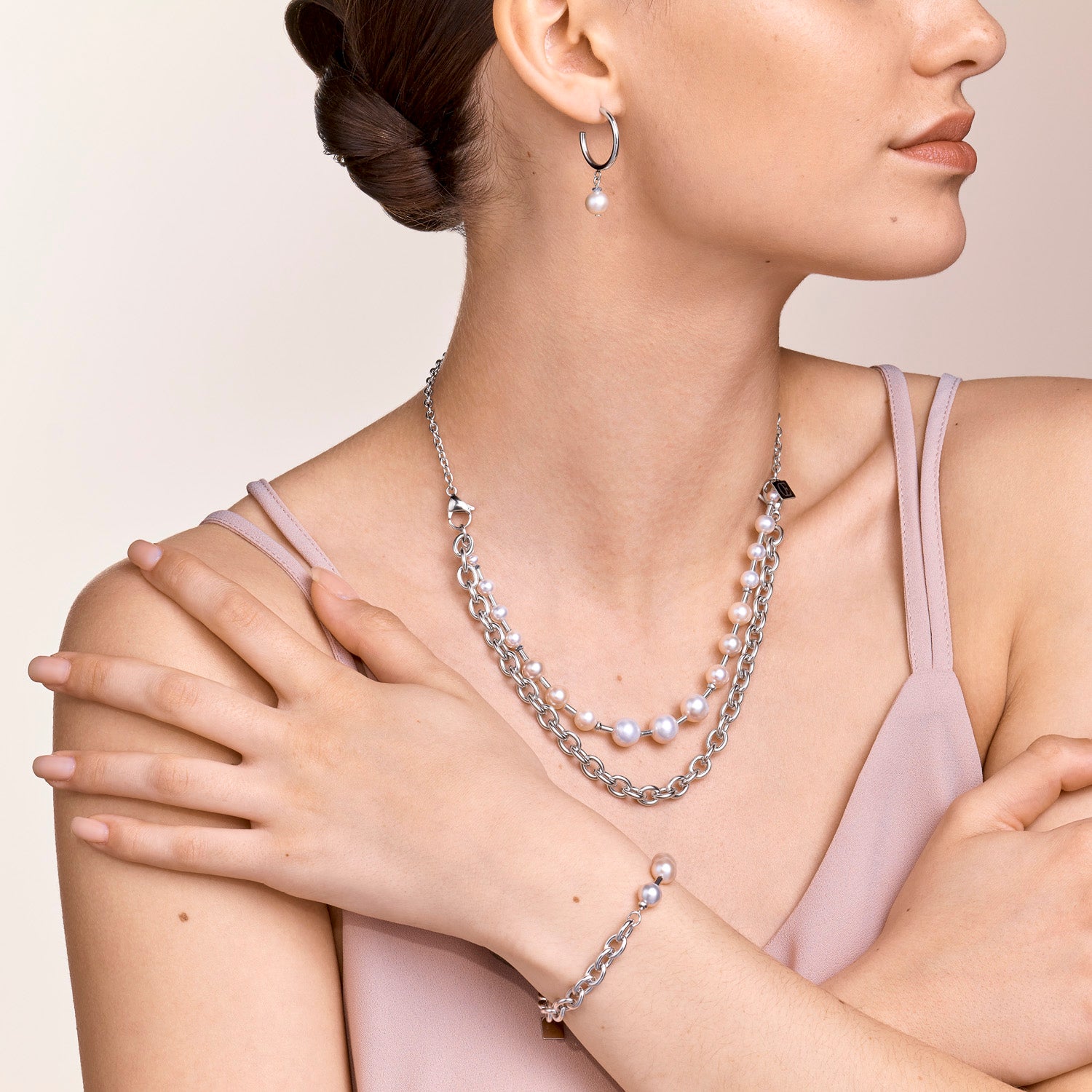 Collier Perles d'eau douce & chunky chain 4-in-1 blanc-argenté