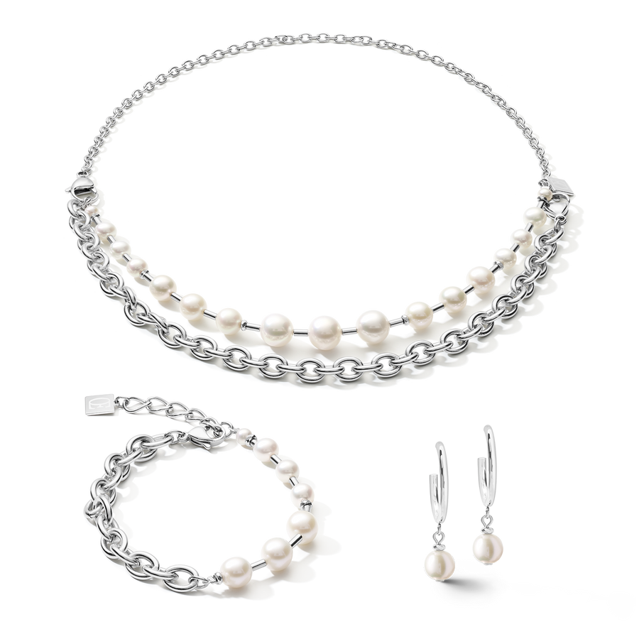 Boucles d'oreilles Perles d'eau douce créoles & chunky chain 4-en-1 blanc-argenté