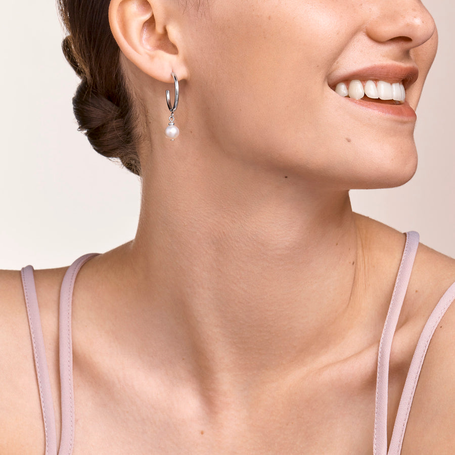 Boucles d'oreilles Perles d'eau douce créoles & chunky chain 4-en-1 blanc-argenté