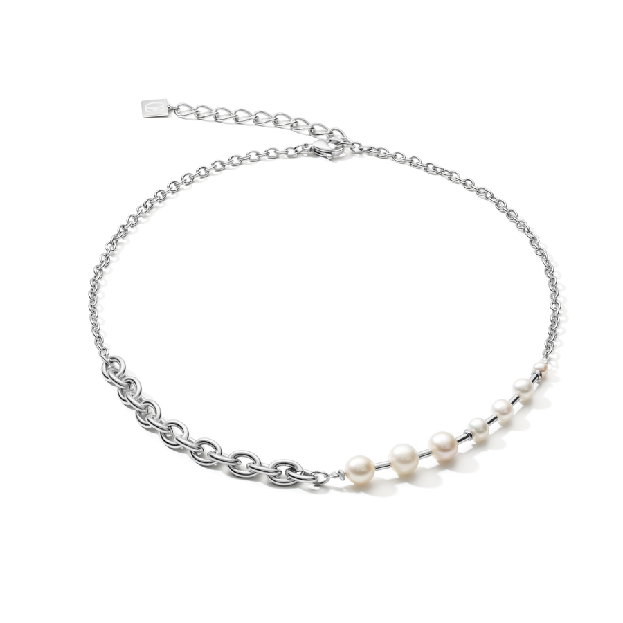 Collier classique & moderne Perles d'eau douce & chaîne en acier inoxydable blanc-argenté