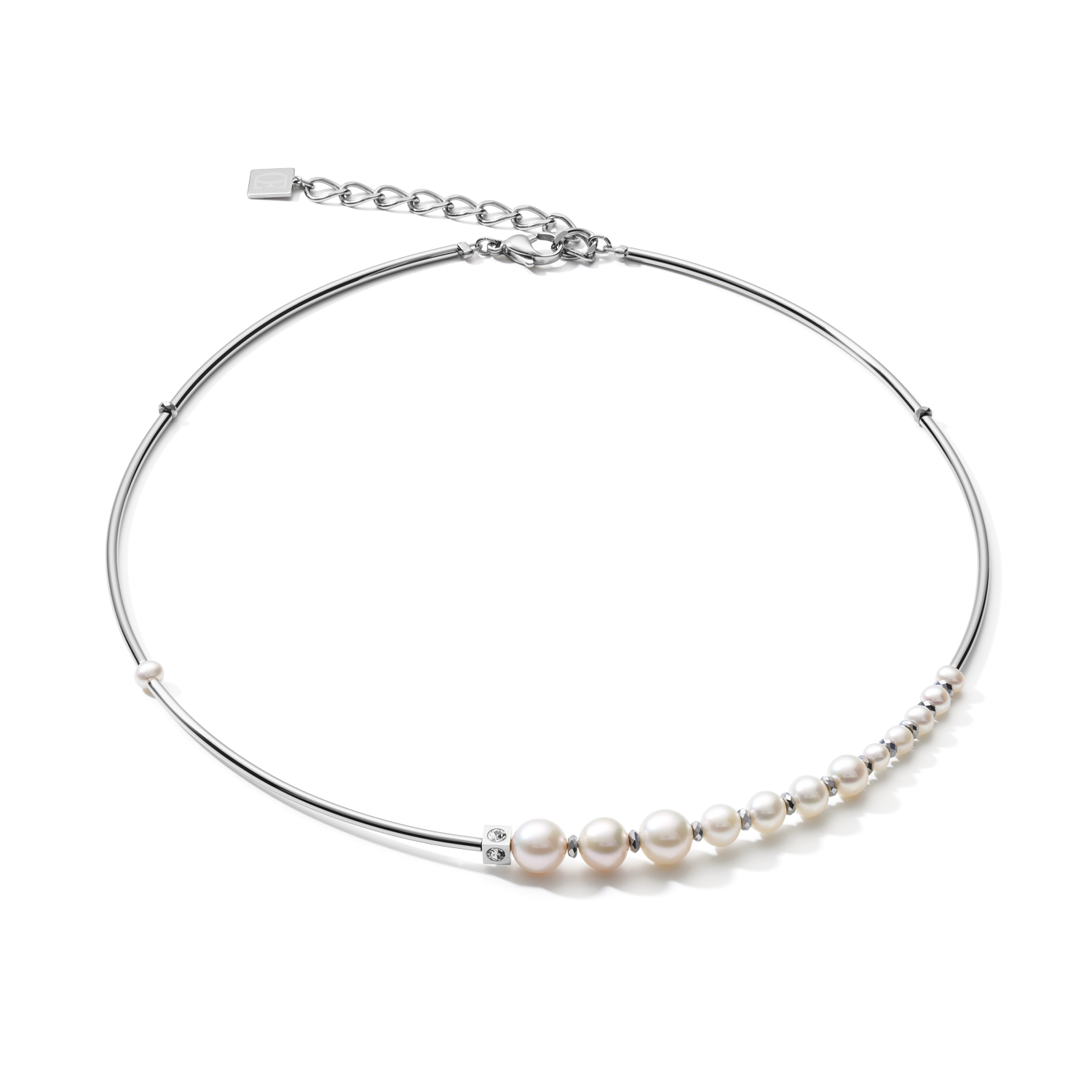 Collier Asymétrie perles d'eau douce & acier inoxydable blanc-argenté