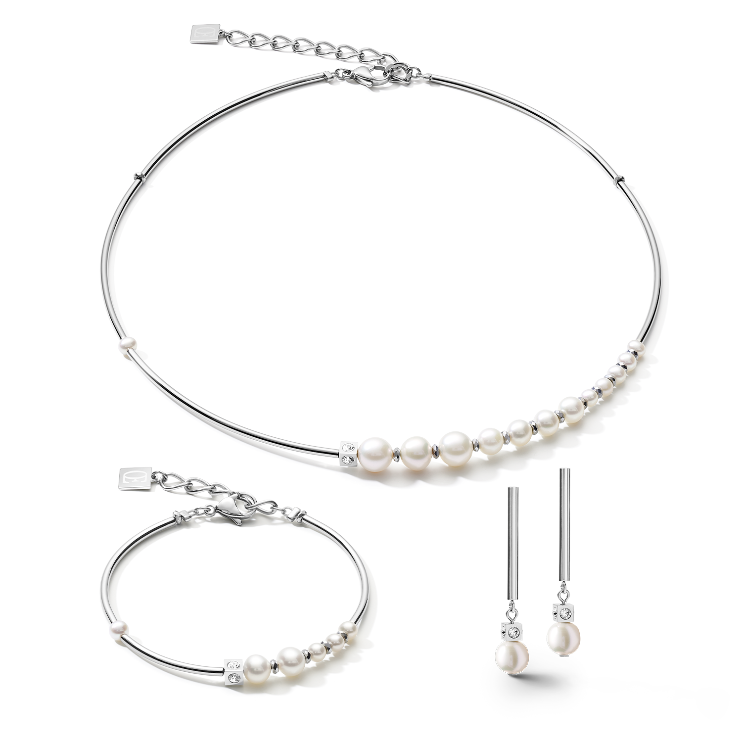 Boucles d'oreilles Asymétrie perles d'eau douce & acier inoxydable blanc-argenté