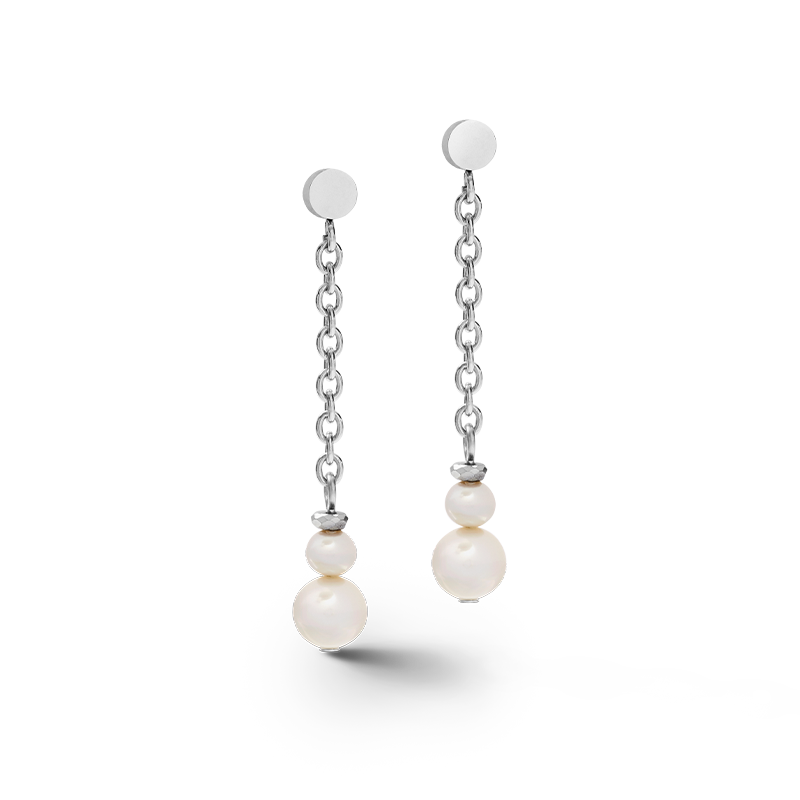 Boucles d'oreilles chaîne en Y & anneau Perles d'eau douce & acier inoxydable blanc-argenté