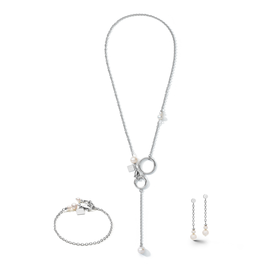 Bracelet chaîne en Y & Anneau Perles d'eau douce & acier inoxydable blanc-argenté