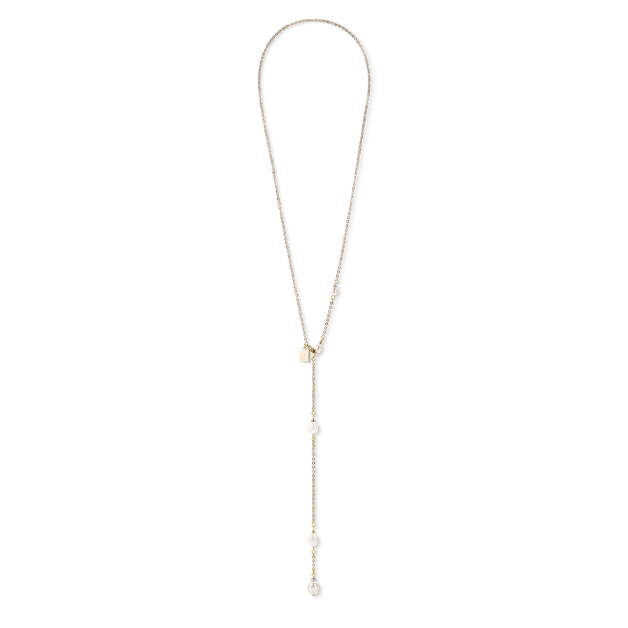 Collier chaîne en Y & Perles d'eau Douce ovales or blanc