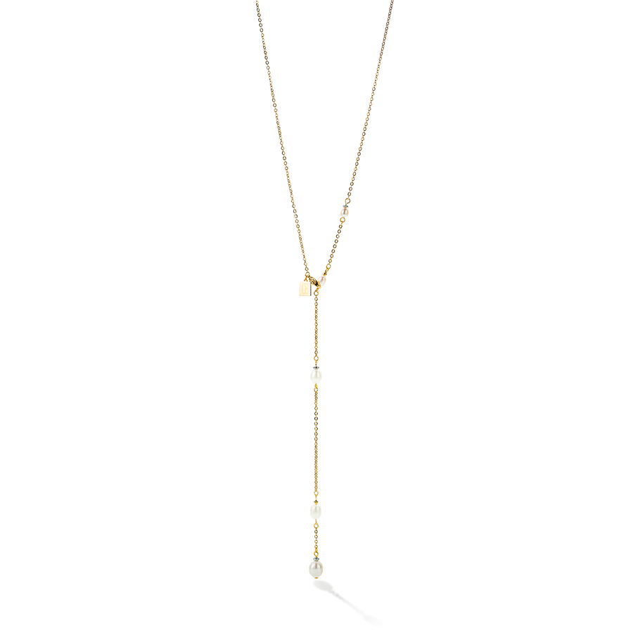 Collier chaîne en Y & Perles d'eau Douce ovales or blanc