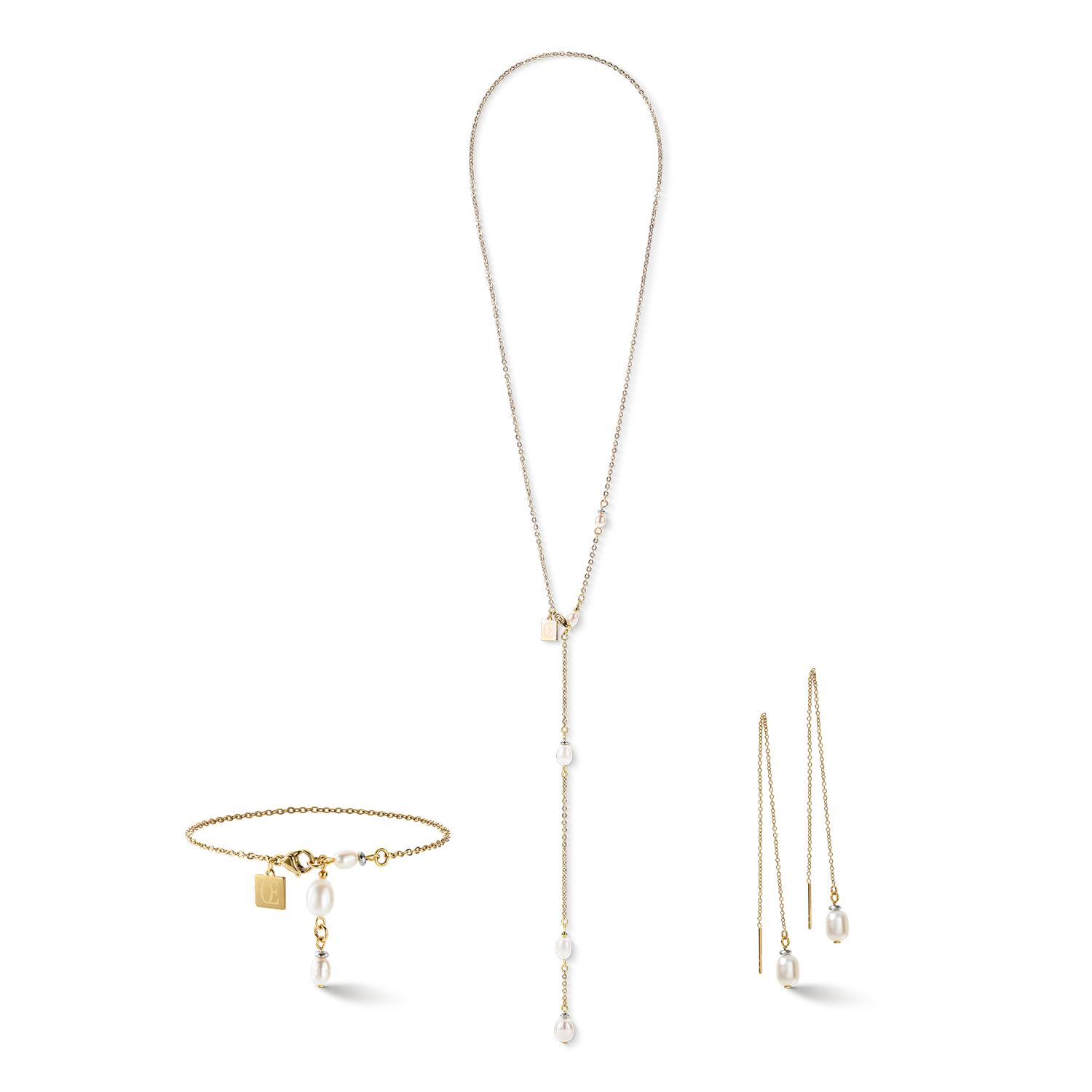 Collier chaîne en Y & Perles d'eau Douce ovales or blanc