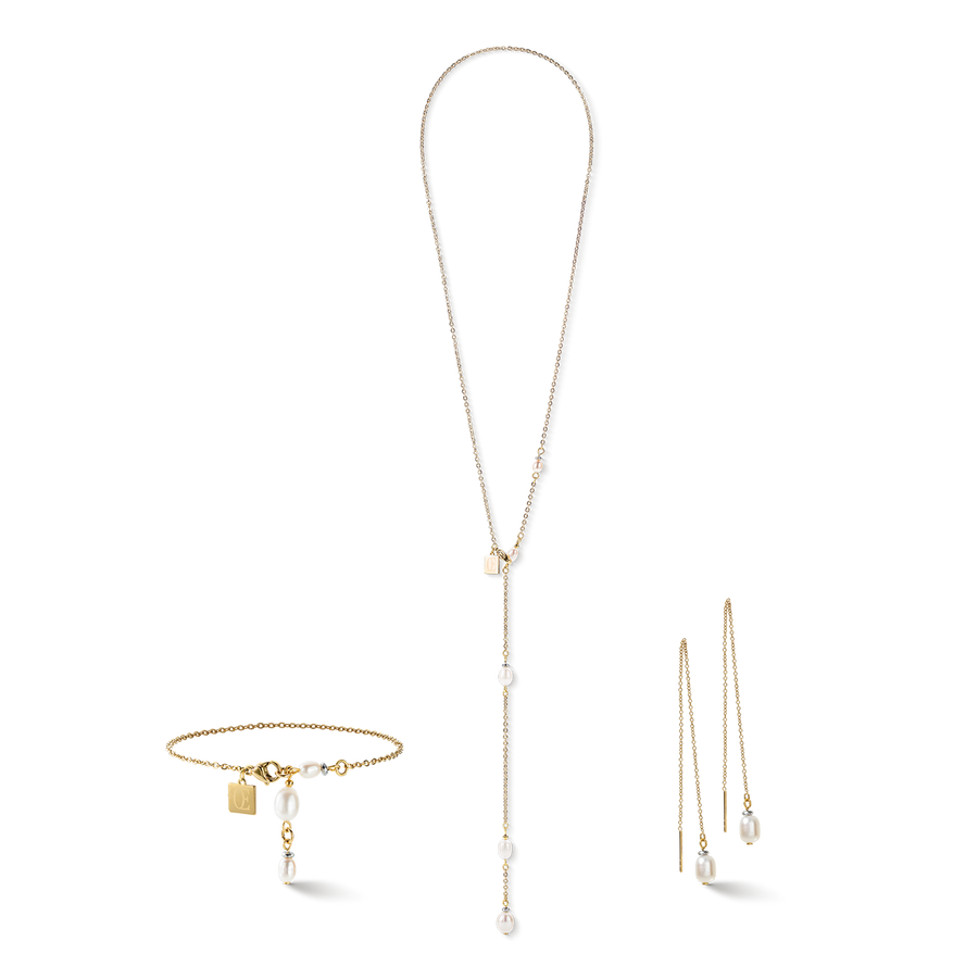 Collier chaîne en Y & Perles d'eau Douce ovales or blanc
