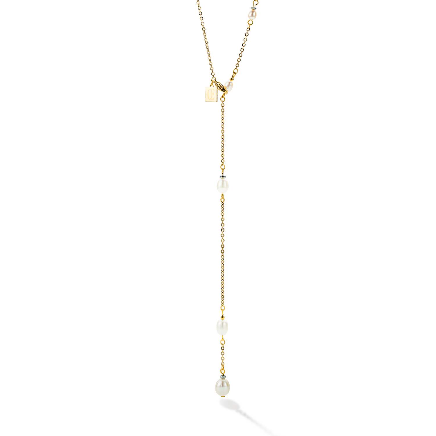Collier chaîne en Y & Perles d'eau Douce ovales or blanc