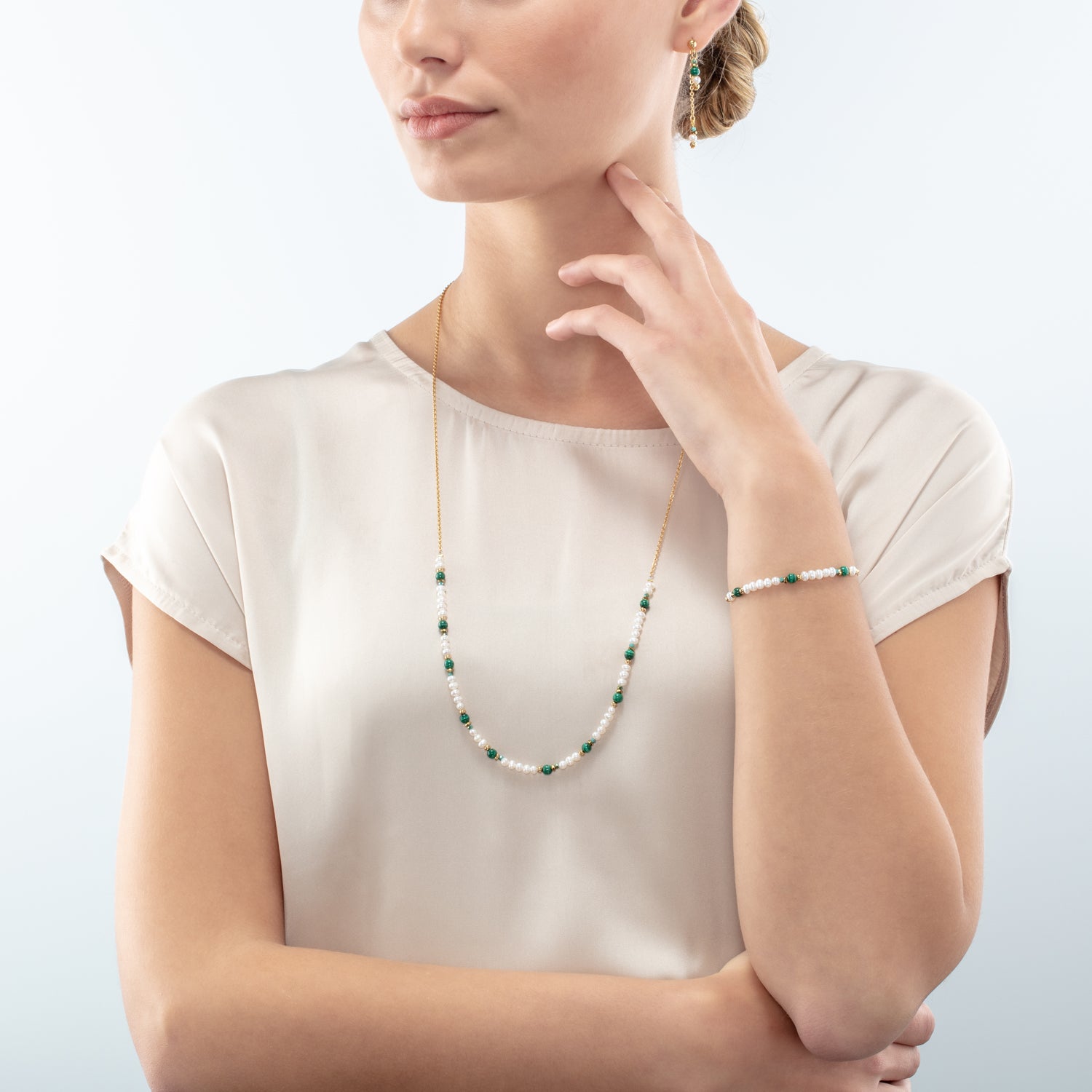 Collier Harmony Perles d'eau douce et malachite or