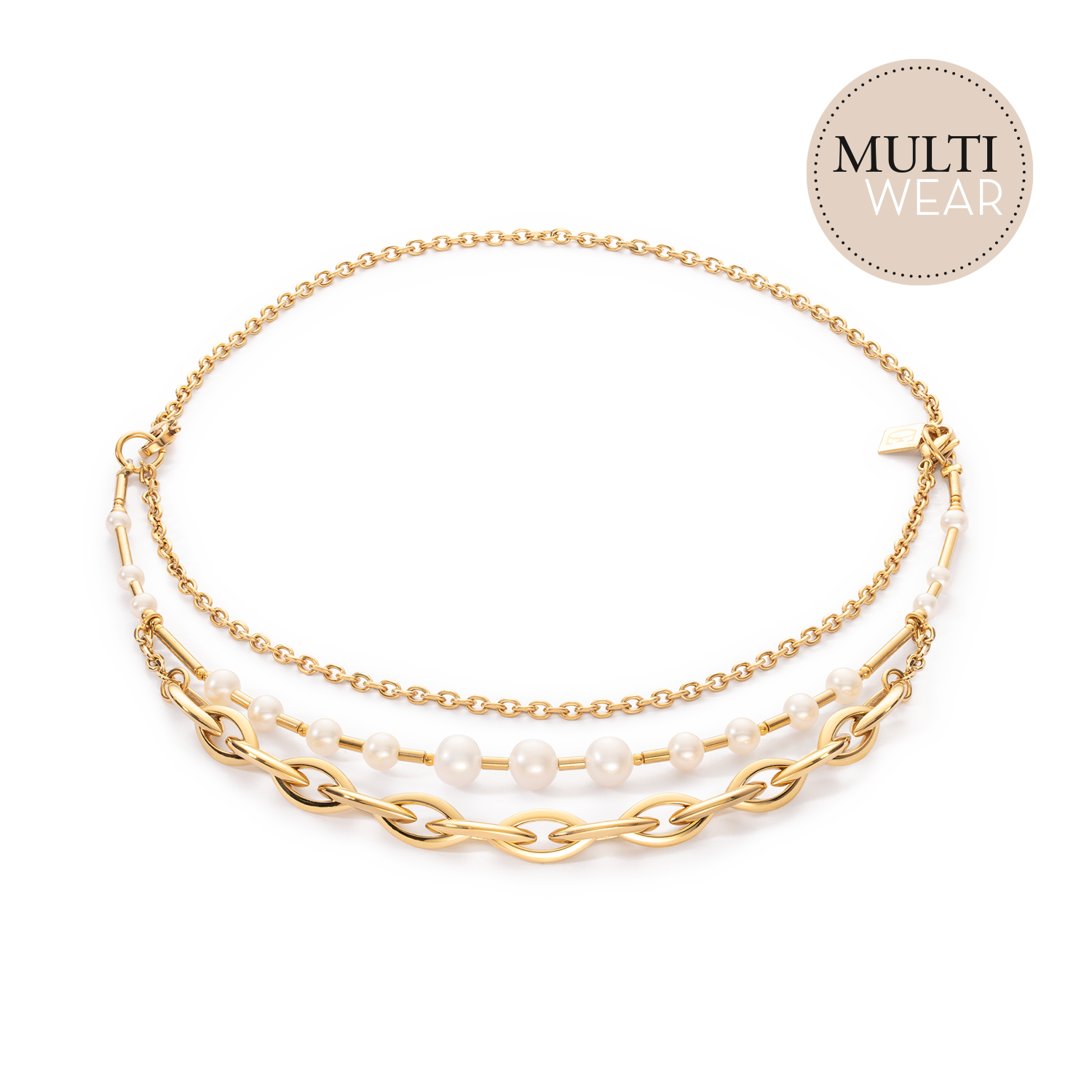 Collier Perles d'eau Douce & Chunky Chain Navette Multiwear blanc-or