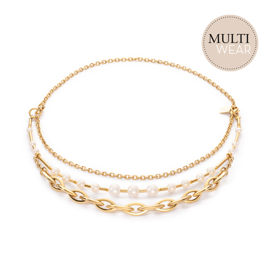Collier Perles d'eau Douce & Chunky Chain Navette Multiwear blanc-or