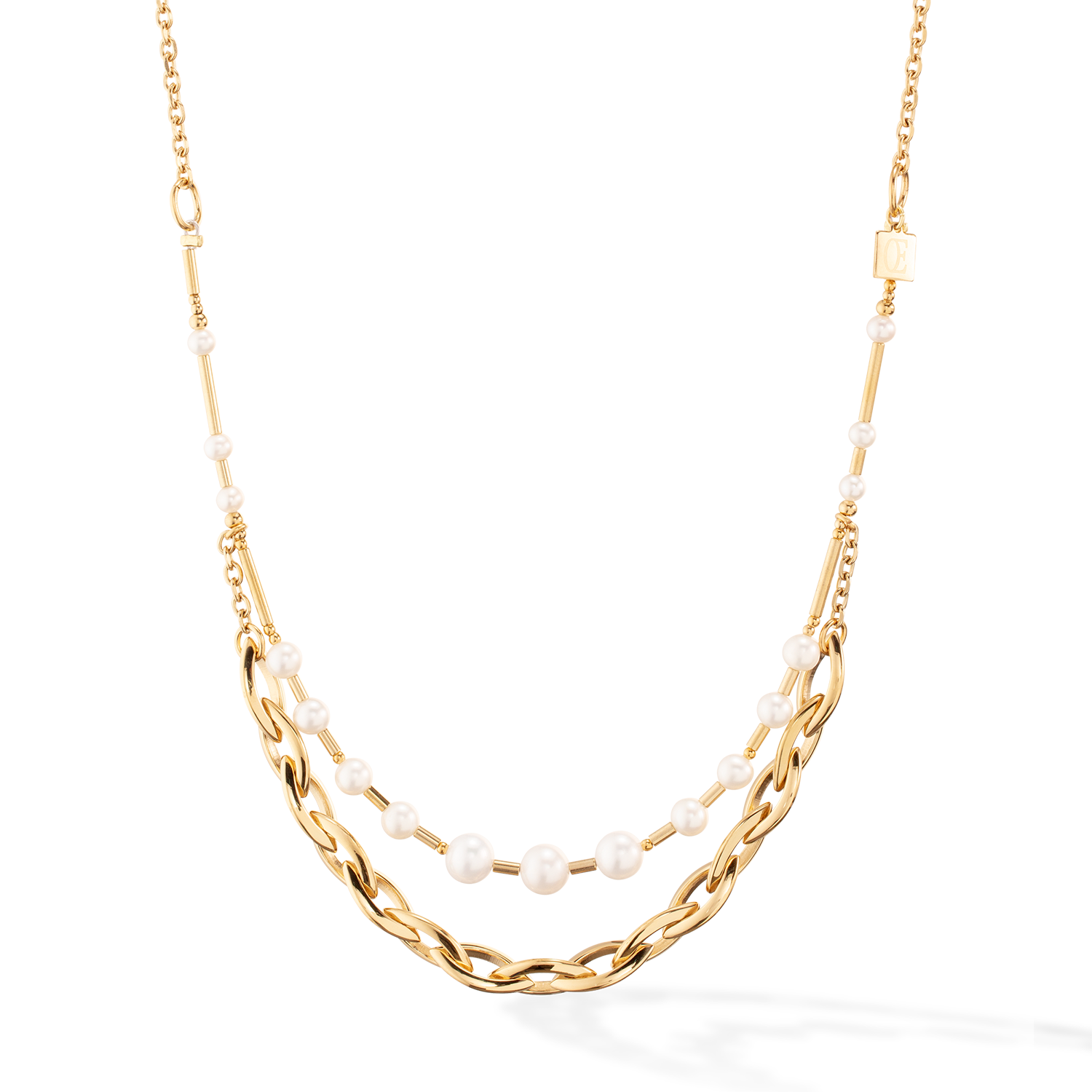 Collier Perles d'eau Douce & Chunky Chain Navette Multiwear blanc-or